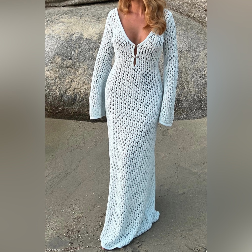 NWT Meshki Kayleigh Crochet Fishtail Flare Sleeve Maxi Dress Arctic Blue- Size S